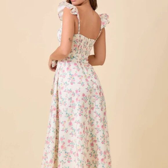 Main Strip Women's Ivory Floral Printed Ruffle Sleeve Midi Dress- Size M- New! - Picture 3 of 17